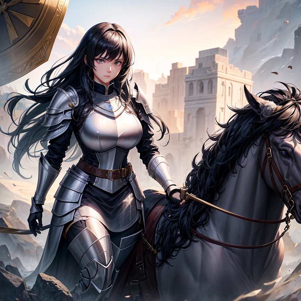 The great general woman, paladin, black hair, armor, 1 mature girl soldier, big woman, 