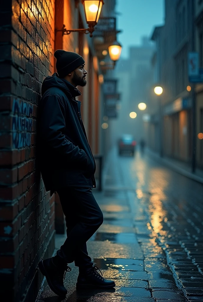 Generate an image of a man leaning against a street wall wearing a black jacket and beanie in the rain
