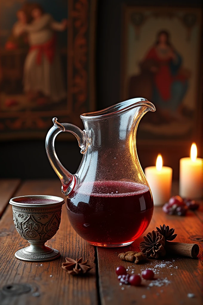 photo realist, table with a pitcher and cup containing a spiced wine called Hippocras, middle age