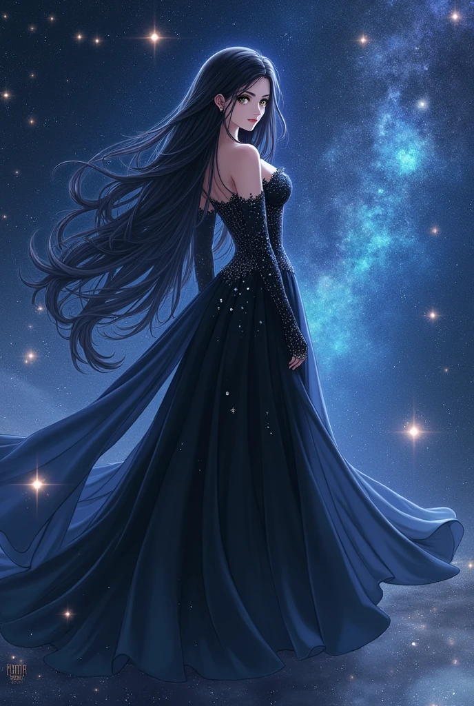 beautiful female anime character in a dress full of fabric, long and black, long and full hair, japanese, with stone details on the dress, background involving cosmology