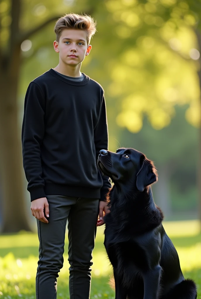 A serious boy with fifhteen years, with blue eyes, very white skin, black sweater, black pants, with black hair, he stronger than a regular boy with a black golden retriever dog