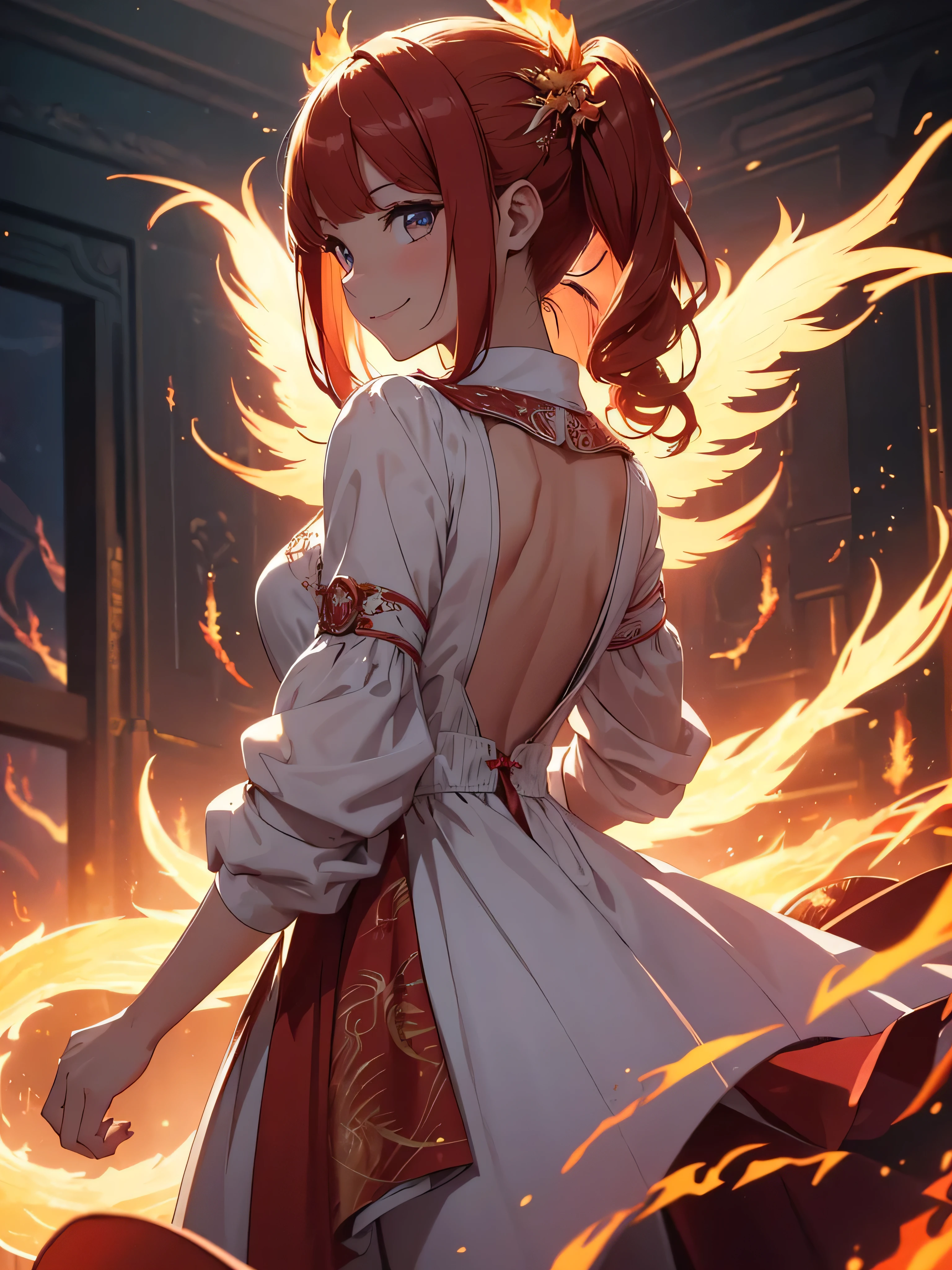 (((best quality, sharp image, clear image, cinematic lighting, 8k resolution, masterpiece, ultra detailed, intricate))) Girl, (((looking over left shoulder))), (shot from behind), ((shot from hip up)), fiery red hair, pigtails, ((white dress)), ((flaming sigils, flaming runes)), spiky rock formations, (flaming lotus flowers frame), (intricate background), ((Phoenix)), (swirling flames), smiling