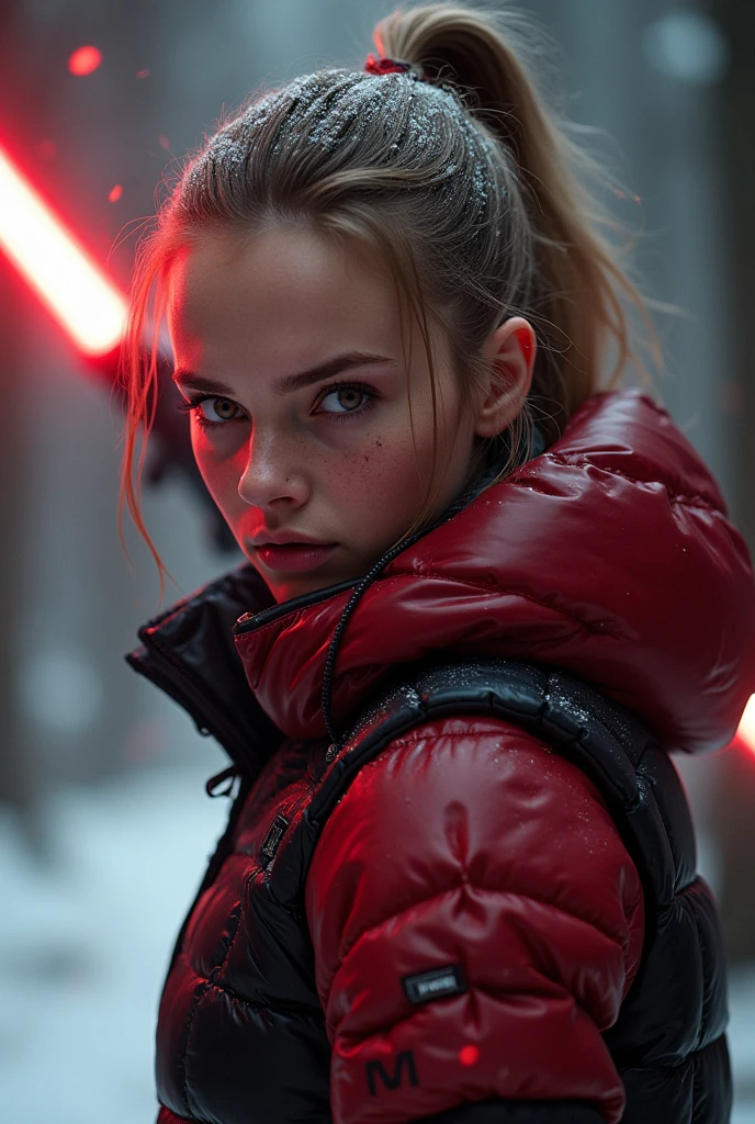 a slim ponytail 16 year old angry fire-eyed sith wielding her bright lightsaber battling with her slim nemesis,beautiful detailed eyes,beautiful freckles,beautiful detailed lips,extremely detailed eyes and face,longeyelashes, wearing beautiful detailed skintight airtight covering-head hooded formfitting duvetica overfilled shiny super gleamy thick glossy puffervest covering over her padded high-collared pufferjacket, glossy latex leggings,symmetrical,masterpiece,cinematic,lifelike,hyperrealistic,8k,photorealistic,highly detailed,intricate,exquisite,elegant,beautiful,stunning