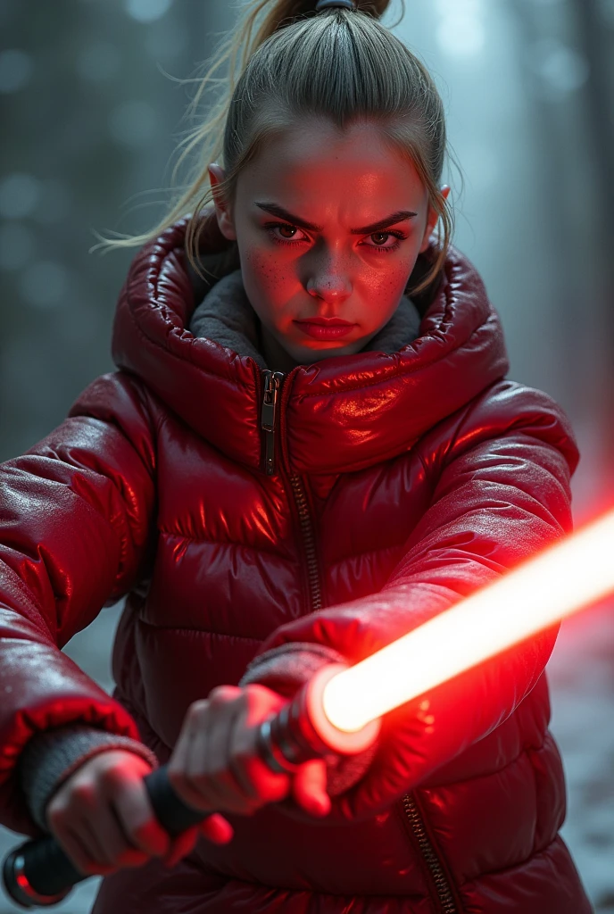 a slim ponytail 16 year old angry fire-eyed sith wielding her bright lightsaber battling with her slim nemesis,beautiful detailed eyes,beautiful freckles,beautiful detailed lips,extremely detailed eyes and face,longeyelashes, wearing beautiful detailed skintight airtight covering-head hooded formfitting duvetica overfilled shiny super gleamy thick glossy puffervest covering over her padded high-collared pufferjacket, glossy latex leggings,symmetrical,masterpiece,cinematic,lifelike,hyperrealistic,8k,photorealistic,highly detailed,intricate,exquisite,elegant,beautiful,stunning
