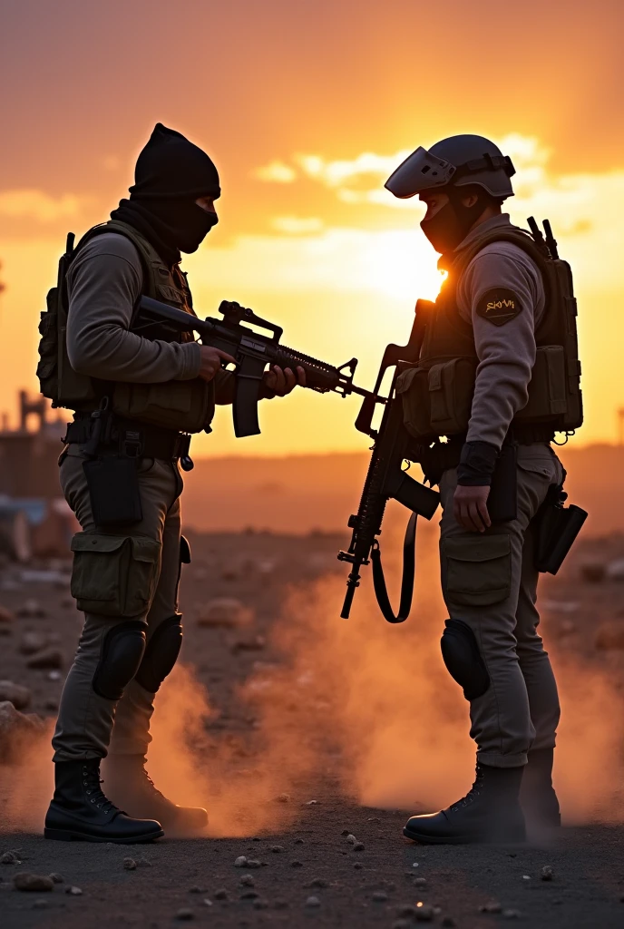 Please create, two men aiming their weapons (M4A4) for each other, one in terrorist clothing and the other in SWAT gear. A smoke at their feet, in an open setting with rubble and at sunset.No estilo de jogo Counter Strike.
