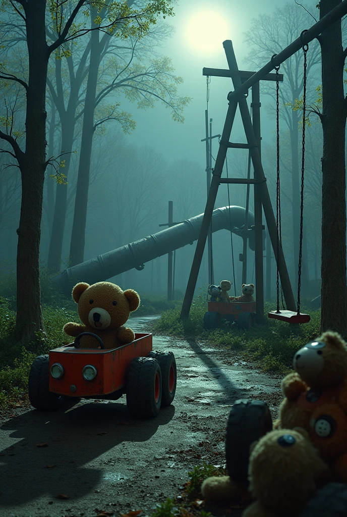 Create a dark playground maze environment with teddy bears and mutant cars 