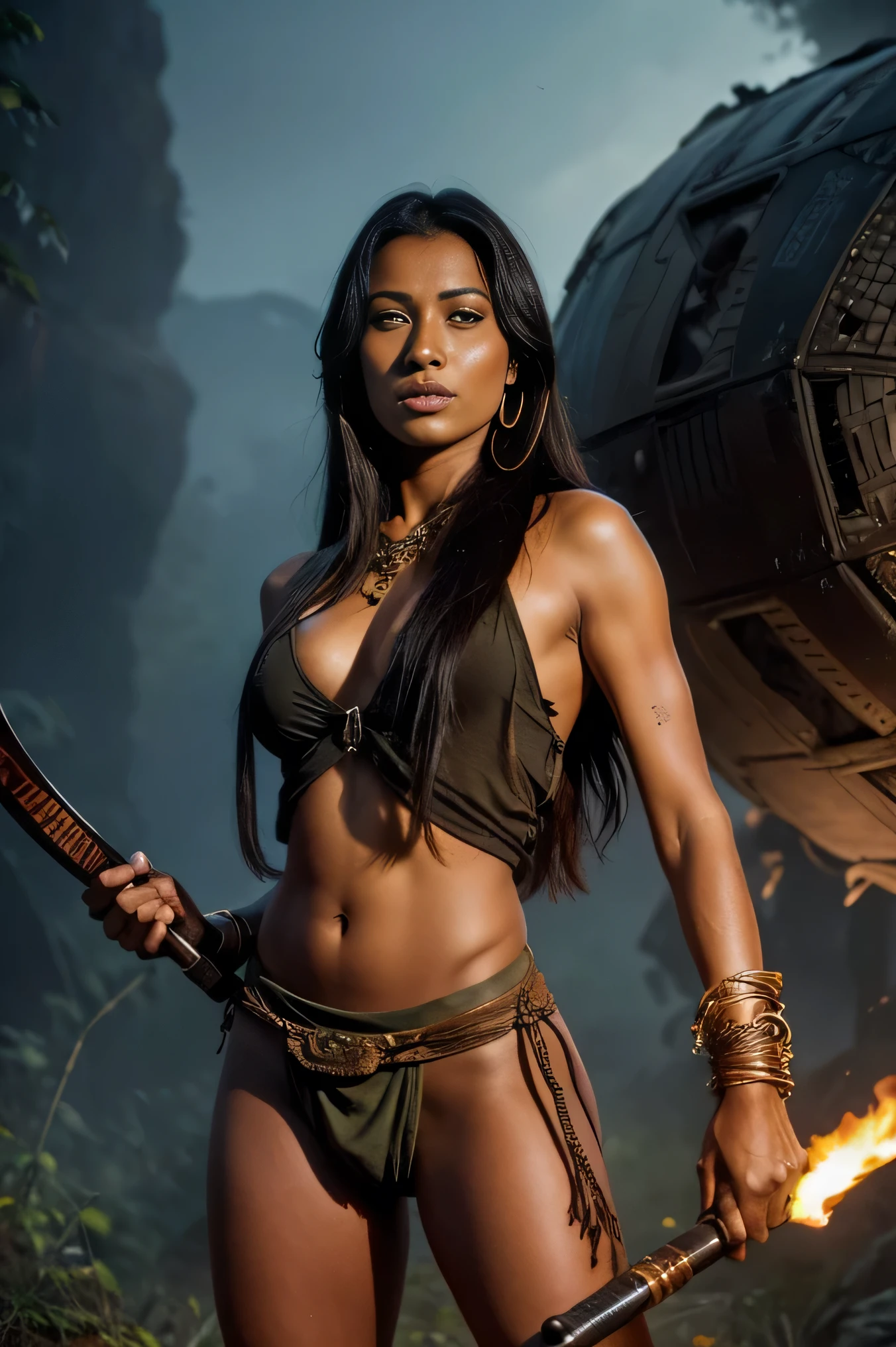 Sheena queen of the jungle, dark wet skin, holding a battle axe, wearing a tan loincloth and loincoth top, next to a damaged spacecraft, realistic, smoke coming from spacecraft