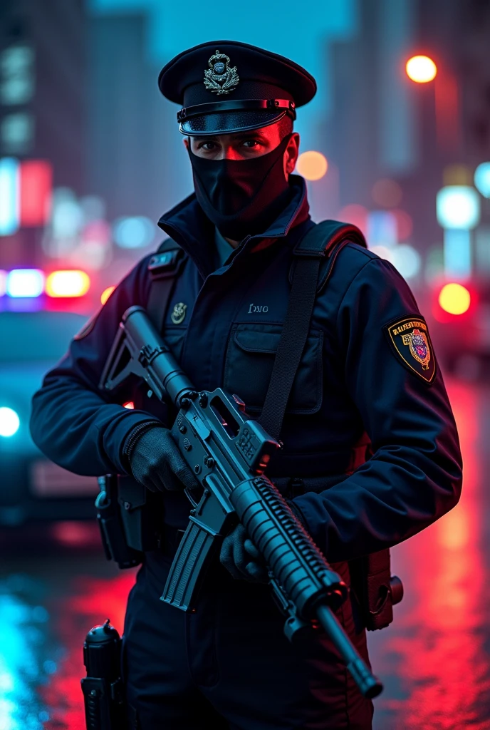 A police vice commander, wearing a kind of mask and hat, holding a bright weapon with a police car behind and a serious face