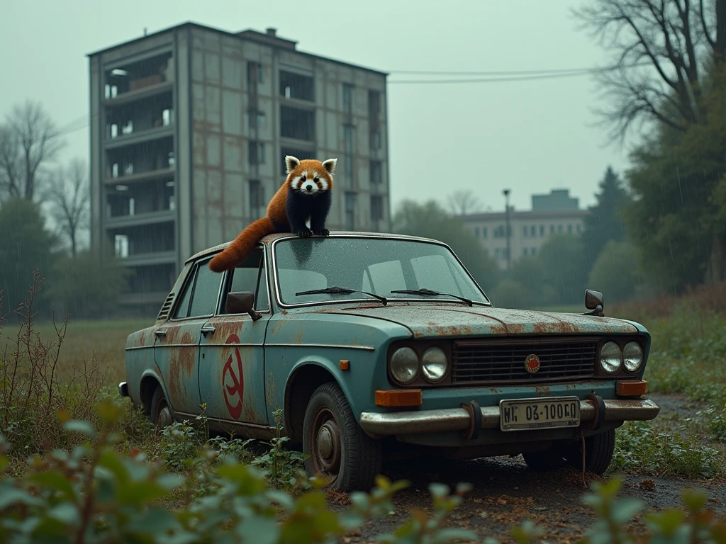 Photo of an abandoned Soviet city. overcast sky, rain. In the center is an overgrown multi-story building, built from panels, with a collapsed balcony, broken windows and rusty remnants of Soviet symbolism. In the foreground is an abandoned Soviet Zhiguli car, A Lada Vaz-2101 model, covered in dust and rust, with broken headlights and missing wheels. The windshield is cracked, But it's still intact, Covered in dust. The other windows are broken. A little red panda is sitting on the roof of the car.. She has thick red-brown fur., round black eyes, Black ears and a black nose. The panda's fur is slightly dirty from dust and moisture, rain and mud marks are visible on it. The red panda is a little scared, Her eyes are slightly widened, But she's looking straight at the camera, As if she had noticed the photographer with surprise. The photo was taken from a short distance, so all the details are clearly visible, but the panda doesn't look too big against the buildings. Colors: grey, brown, green, rusty. “Photorealistic” style, “cinematic”, “post-apocalyptic”. 