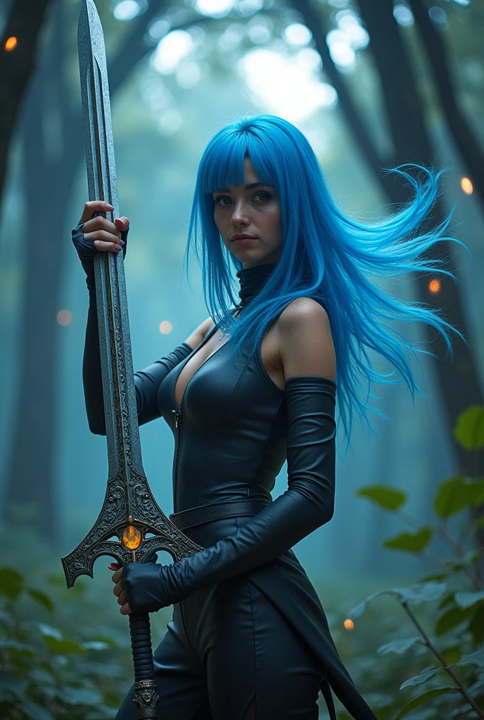 Give the person with blue hair a cool sword