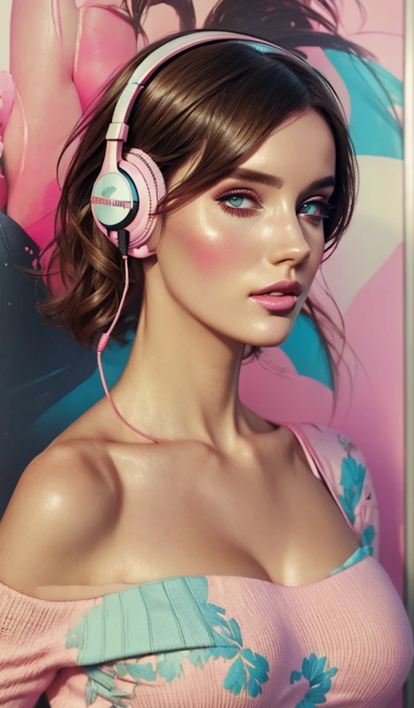 model girl wearing headphones, city background, intricate details, aesthetically pleasing pastel colors, poster background, art by conrad roset and ilya kuvshinov