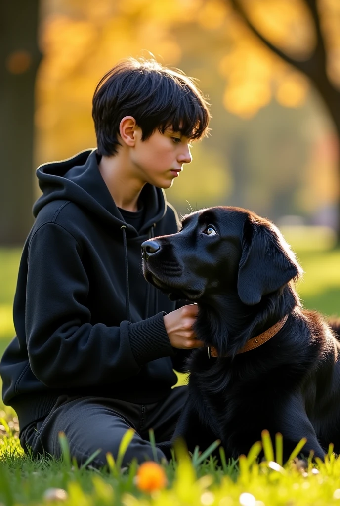 A serious boy with fifhteen years, with blue eyes, black hair, very white skin, black sweater, black pants, he stronger than a regular boy with a black golden retriever dog