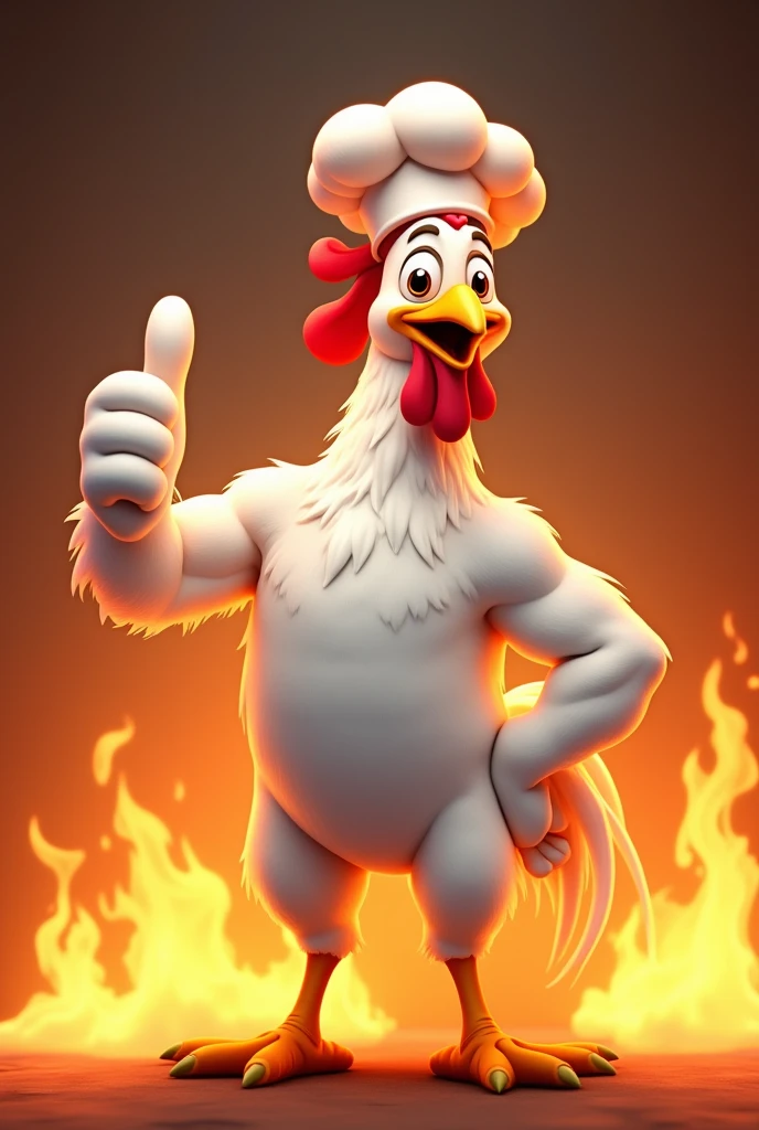 A white rooster with a somewhat athletic body wearing a chef hat with his thumb up, not realistic and surrounded by non-realistic but animated flames. I want it to look like a cartoon style.