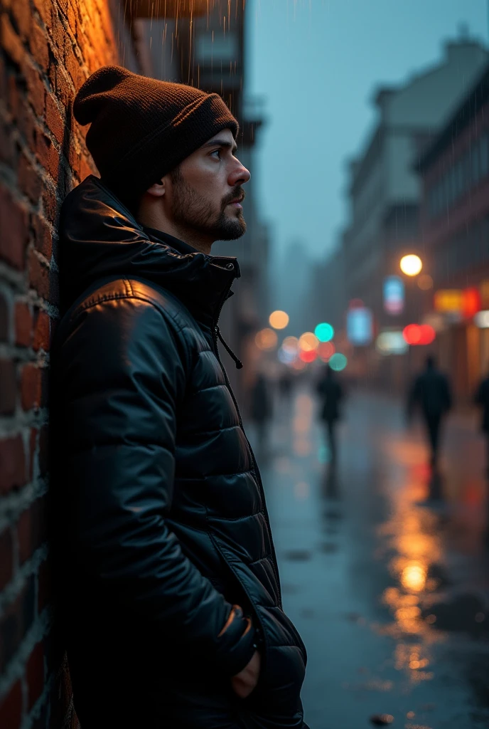 Generate an image of a man leaning against a street wall wearing a black jacket and beanie in the rain