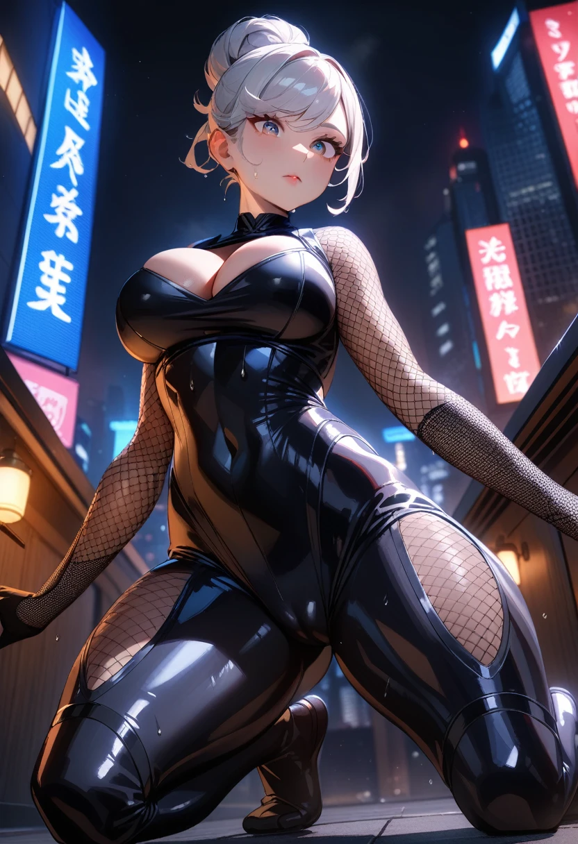 1girl,solo,super detailed skin,shiny skin, wet oily skin,expressionless face ,white hair,chignon,swept bangs,sharp eyes,eyelashes,lips gloss,large soft breasts,fullbodysuit,fishnet arms,cleavage cutout,ninja clothes ,kneeling,model pose,from below,cameltoe,night city,rooftop,masterpiece,best quality,ultra detailed,high resolution,sharp focus