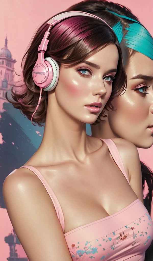 model girl wearing headphones, city background, intricate details, aesthetically pleasing pastel colors, poster background, art by conrad roset and ilya kuvshinov