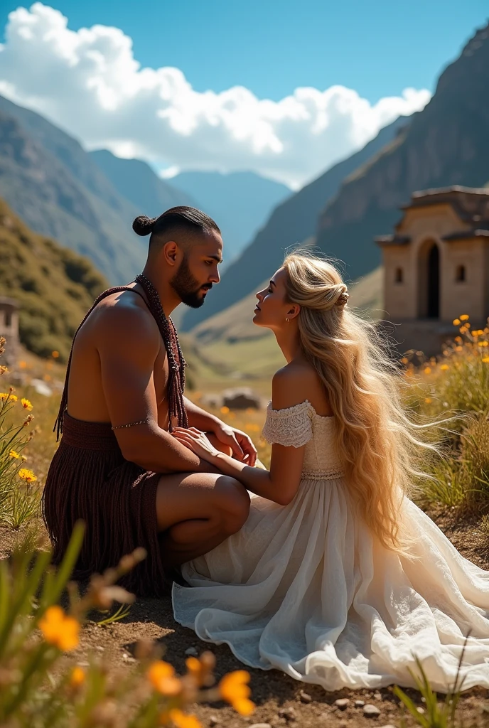 An indigenous man of Peruvian appearance with hair cut close to his forehead, kneeling beside a sweet European woman of royal lineage with long blonde hair