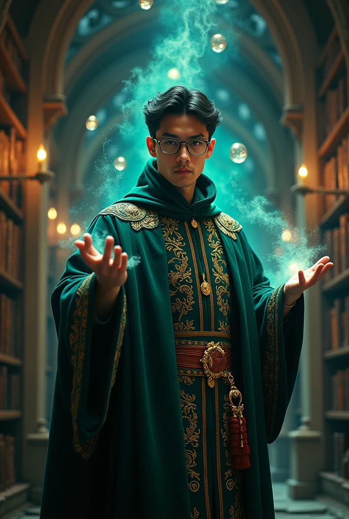 Human sorcerer with short wavy black hair wearing glasses and a medieval robe