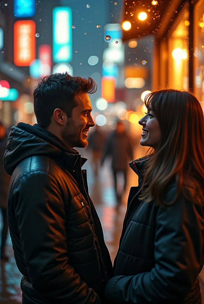 A realistic horizontal image of two people talking to each other about another person passing by, who is visible in the reflection of a shop window in a city environment. Include a reflection effect, a street with signs in the background, and more people.