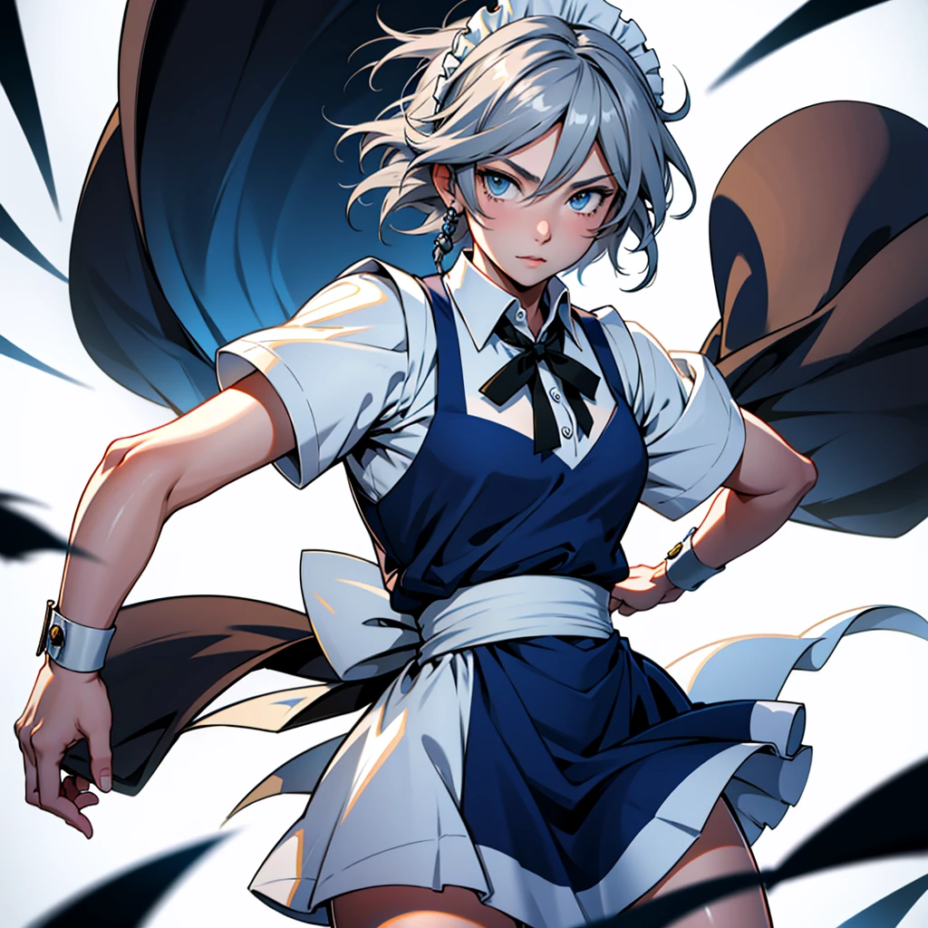 アニメ (8k, masterpiece, Best quality, high resolution), fantasy, Cute face, kawaii, Cute, Very big eyes, Aesthetic anime eyes, small face,
1 girl, only, (Izayoi Sakuya), blue eyes, Maid headdress, braid, gray hair, Maid, twin braiders, Short hair, cuffs, bow, hair bow, short sleeves, ribbon, apron, holding a knife, clock, serious, (light particles), lines of movement, dynamic angle, battle, wind, struggle, (cowboy shot), look at the viewer,