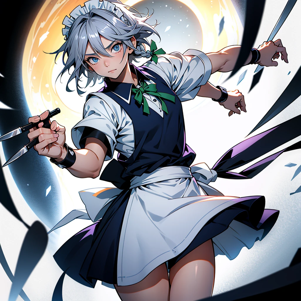 アニメ (8k, masterpiece, Best quality, high resolution), fantasy, Cute face, kawaii, Cute, Very big eyes, Aesthetic anime eyes, small face,
1 girl, only, (Izayoi Sakuya), blue eyes, Maid headdress, braid, gray hair, Maid, twin braiders, Short hair, cuffs, bow, hair bow, short sleeves, ribbon, apron, holding a knife, clock, serious, (light particles), lines of movement, dynamic angle, battle, wind, struggle, (cowboy shot), look at the viewer,