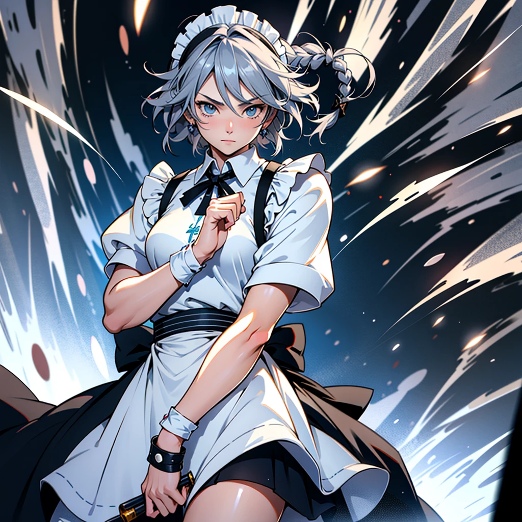 アニメ (8k, masterpiece, Best quality, high resolution), fantasy, Cute face, kawaii, Cute, Very big eyes, Aesthetic anime eyes, small face,
1 girl, only, (Izayoi Sakuya), blue eyes, Maid headdress, braid, gray hair, Maid, twin braiders, Short hair, cuffs, bow, hair bow, short sleeves, ribbon, apron, holding a knife, clock, serious, (light particles), lines of movement, dynamic angle, battle, wind, struggle, (cowboy shot), look at the viewer,