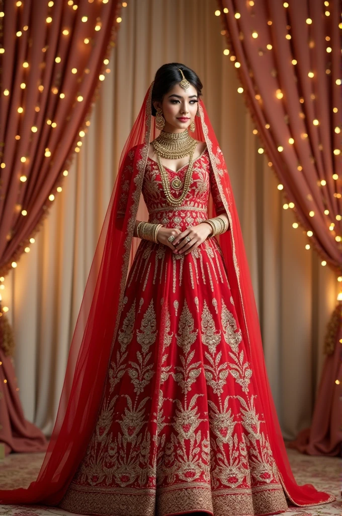 Create a 3D illustration of A 20 year-old girl wearing pakistani Bridel dress in red color with beautiful bridal makup like kashee's salon mAkup & beautiful jewelry