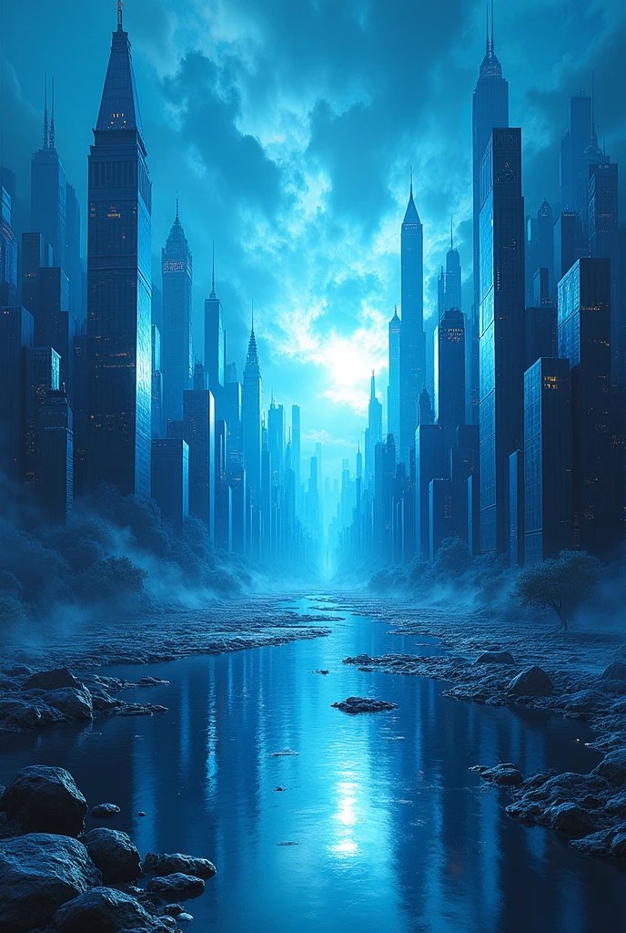 Create a mirrored city with reality shattered with a blue light in the background