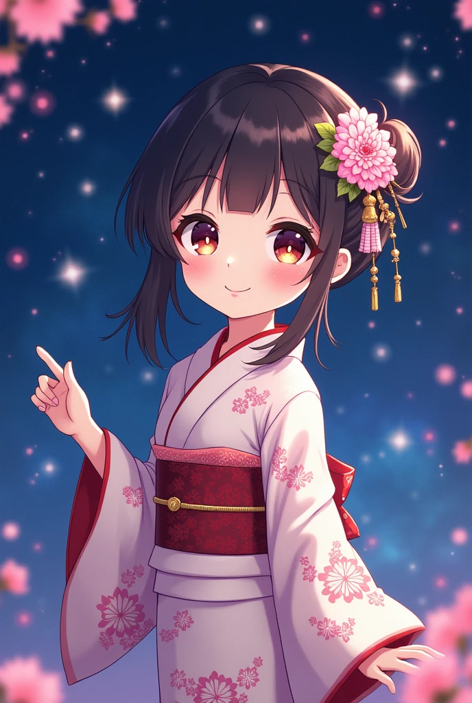 a Japanese woman wearing a kimono, with chibi anime features, It should have a space at the top for drilling out the head of the passage.