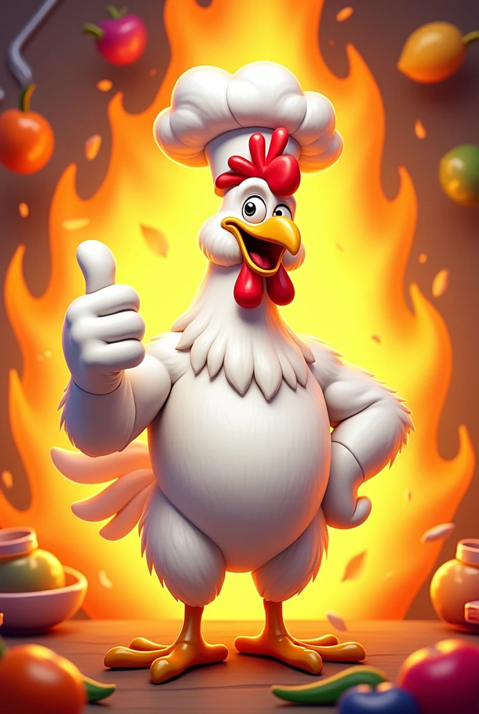 A white rooster with a somewhat athletic body wearing a chef's hat with his thumb up, not realistic and surrounded by flames that are not realistic but animated. I want it to look like a cartoon style, less realistic.
