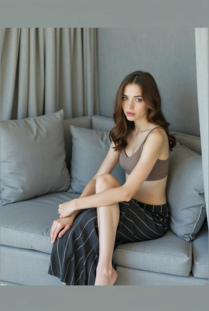 Materpieces, perfect skin, perfect face, Summer Glau, sitting a chair, only undershirt, open chest, off shoulders
