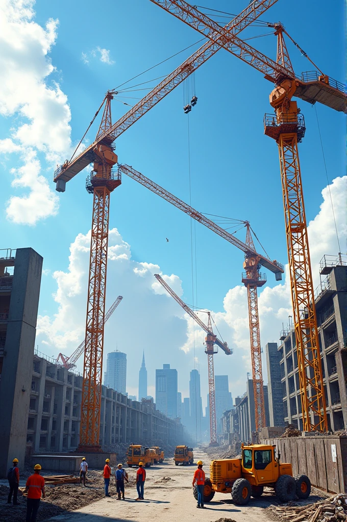 Construction work with cranes and people working