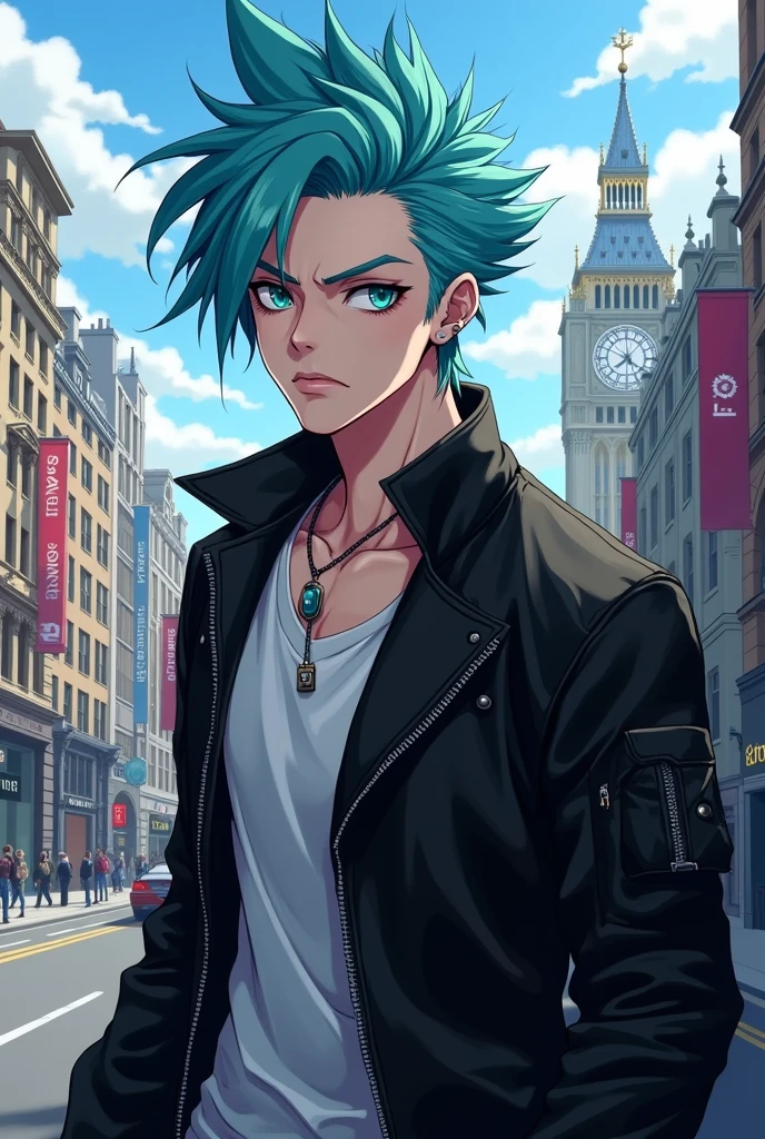 A white man with sky blue hair, He wears a black jacket, he has green eyes and ear piercings. His style is punk. The expression is serious. Anime style, the background is the city of London. He doesn't have spiky hair