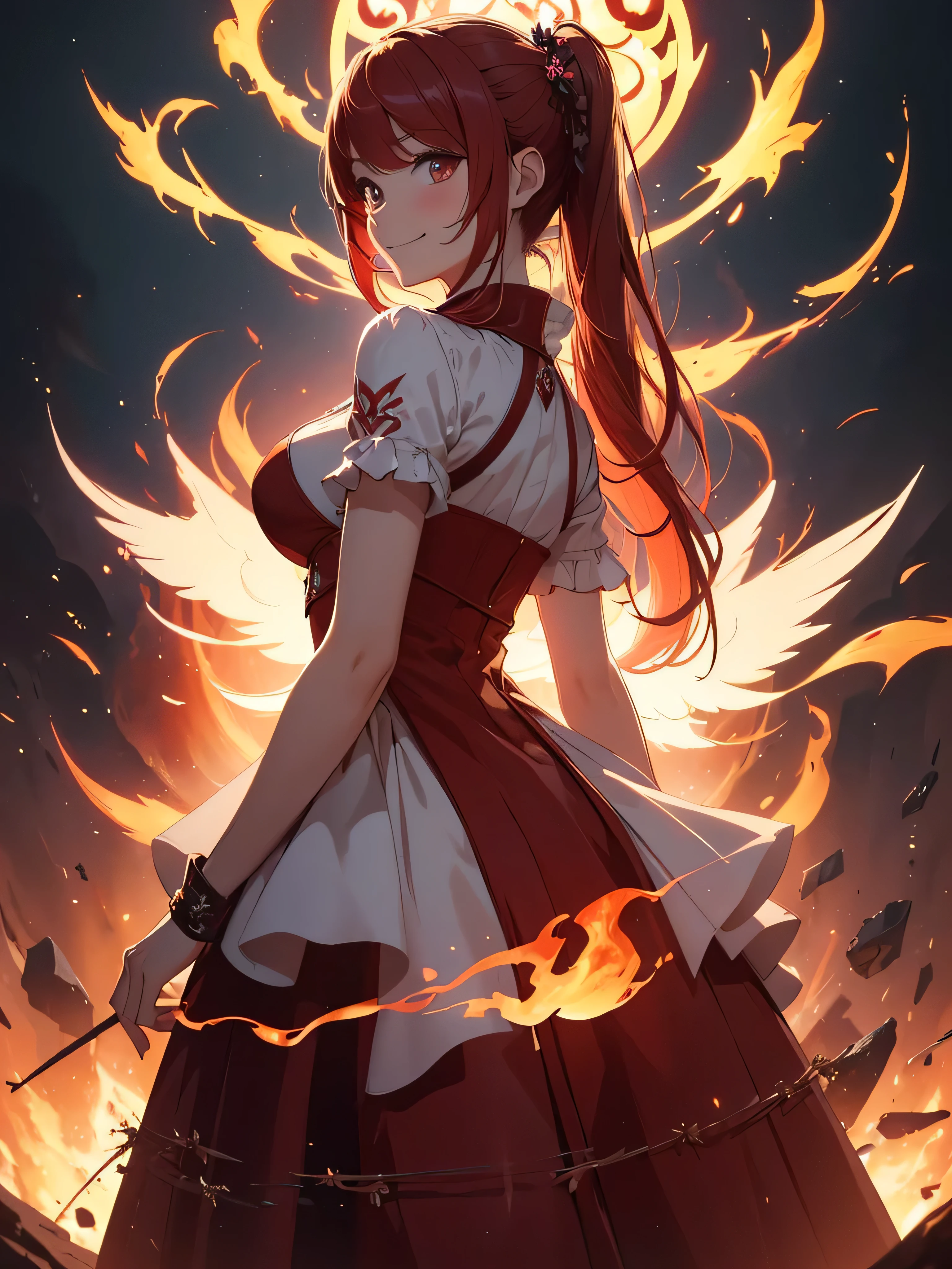 (((best quality, sharp image, clear image, cinematic lighting, 8k resolution, masterpiece, ultra detailed, intricate))) Girl, (((looking over left shoulder))), (shot from behind), ((shot from hip up)), fiery red hair, pigtails, ((white dress)), ((flaming sigils, flaming runes)), spiky rock formations, (flaming lotus flowers frame), (intricate background), ((Phoenix)), (swirling flames), smiling, long sleeves