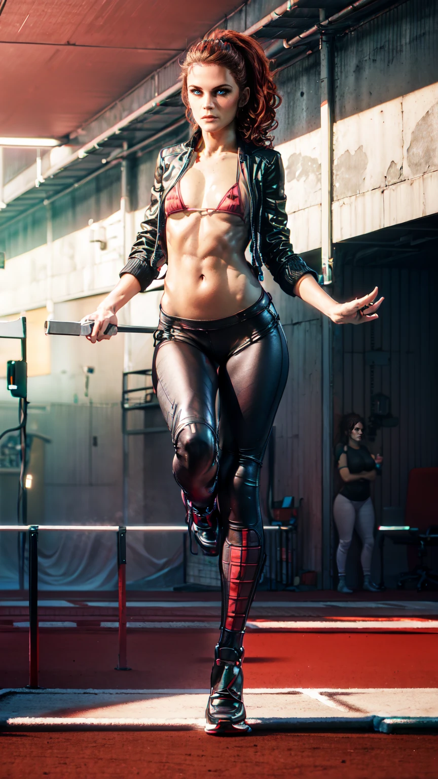 Score_9, score_8_up, ((Courtney Hope)), crimson red hair, short ponytail, wavy hair, single sidelock, low ponytail, Jesse Faden from CONTROL, Slim lightly toned build, (Small bust:1.3), (Pokie nipples), (strong glutes), best hands, perfect hands, flawless skin, anatomically correct, BREAK: (black:1.25) Fitted motorcycle/bomber jacket 1/4 cropped, (skin tight (red) micro bikini top under jacket:1.35), (black:1.3) bodycon jeans, matte black leather motorcycle boots, (holding 'Service Weapon':1.3), BREAK: (full length portrait), 1/4 turned, (hurdle running pose:1.3), wide shot, UHD, 16k, best quality, masterpiece, BREAK: distorted brutalist office interior, warpped 1960s era office interior, brutalist design elements and white concrete walls