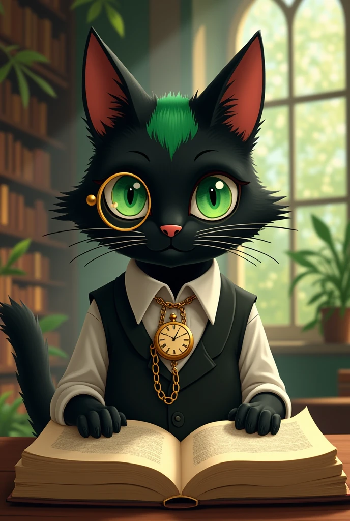 Black cat with green eyes reading an old book, black hair with green fade, wearing a monocle on the left eye, wearing a classic shirt with a black waistcoast and an old pocket watch with gold pocket chain, furry, furry art, antrophomorphic animal, ghibli studio style, studio ghibli style, hayao miyazaki style, ghibli studio