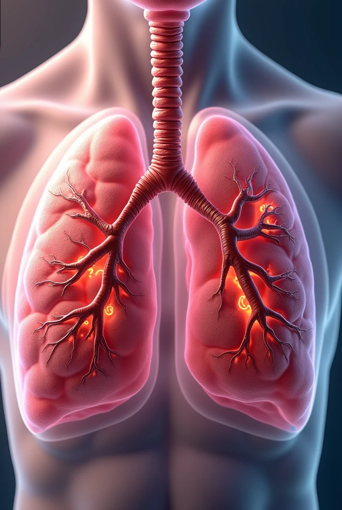 Inflamed bronchioles of a lung with excess mucus