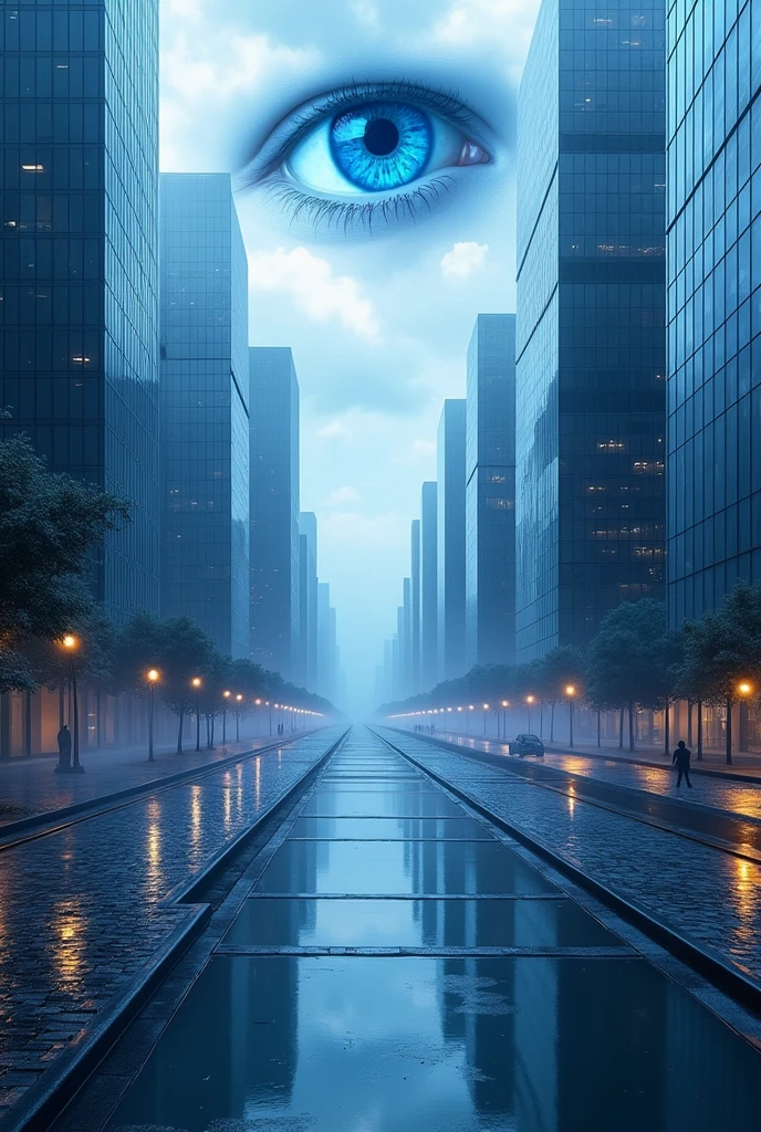 Create a mirrored city , with a blue eye in the background 