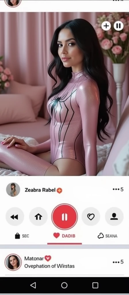 Spidergirl with eyelash extensions and nails, a girl with long black hair, wearing the spiderman suit in pink with shiny sparkles, sitting in a place that is also a spa in pink tones.