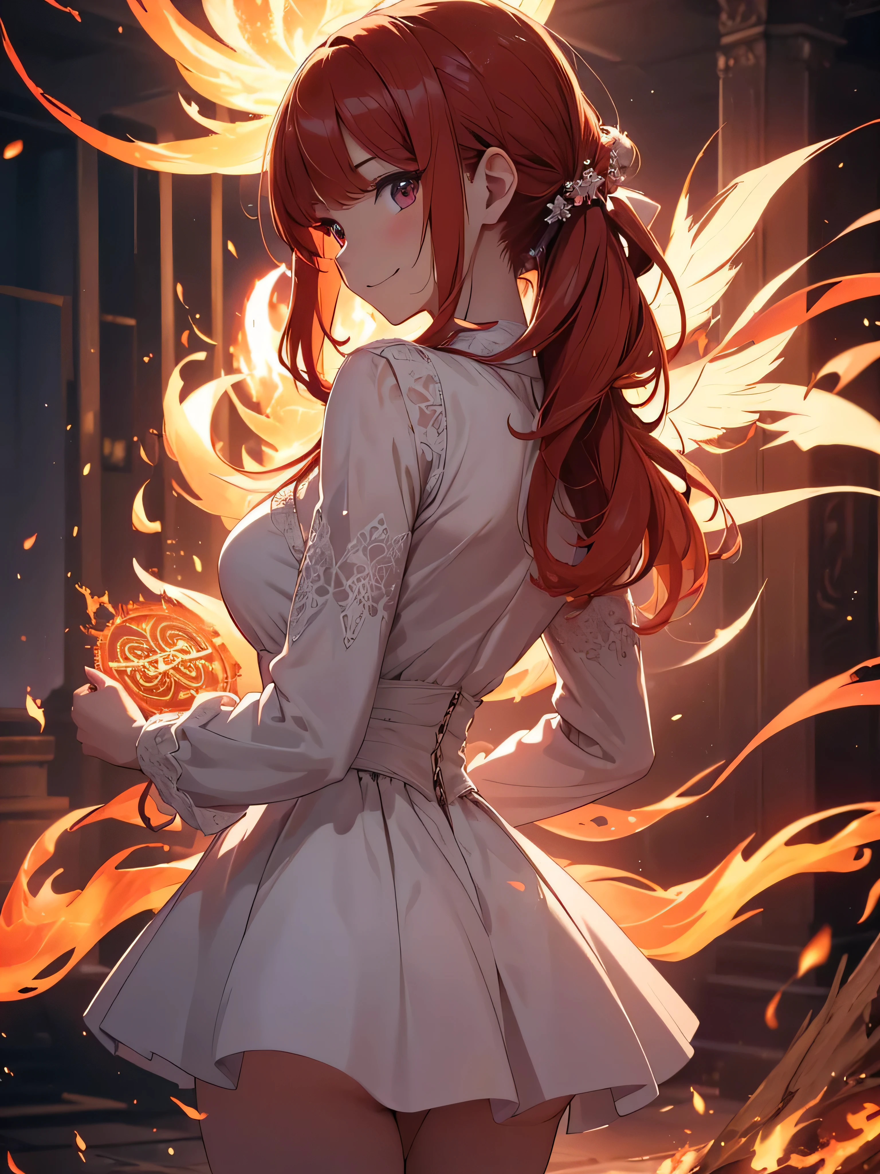 (((best quality, sharp image, clear image, cinematic lighting, 8k resolution, masterpiece, ultra detailed, intricate))) Girl, (((looking over left shoulder))), (shot from behind), ((shot from hip up)), fiery red hair, pigtails, ((white dress)), ((flaming sigils, flaming runes)), spiky rock formations, (flaming lotus flowers frame), (intricate background), ((Phoenix)), (swirling flames), smiling