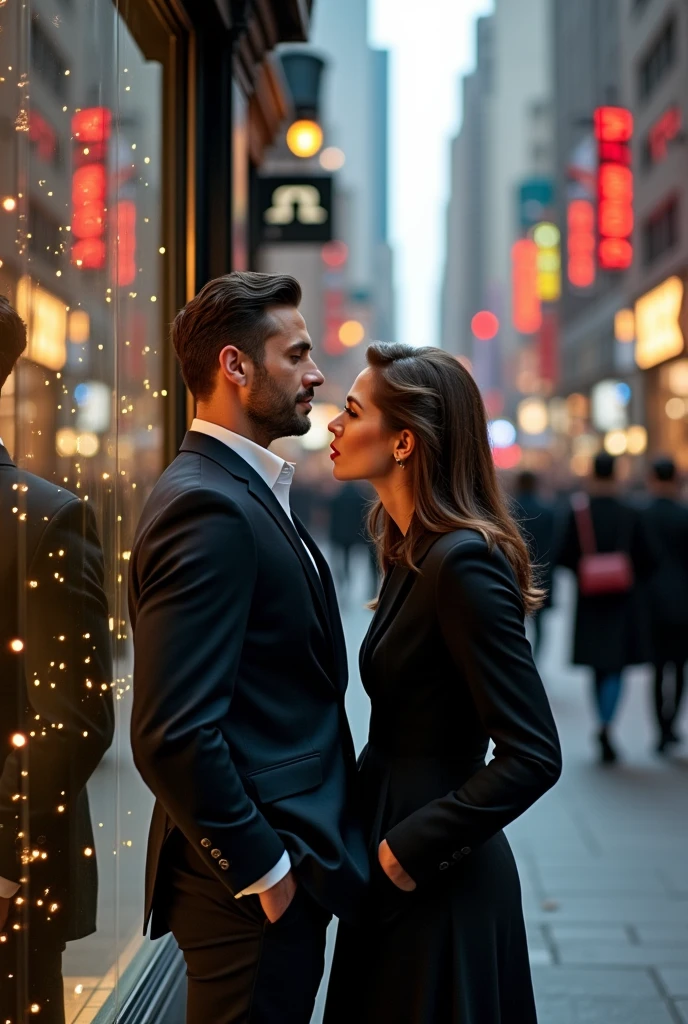 Behind the brunette girl stands a blond guy in sunglasses and hugs her around the waist in formal suits against the backdrop of the city of the future