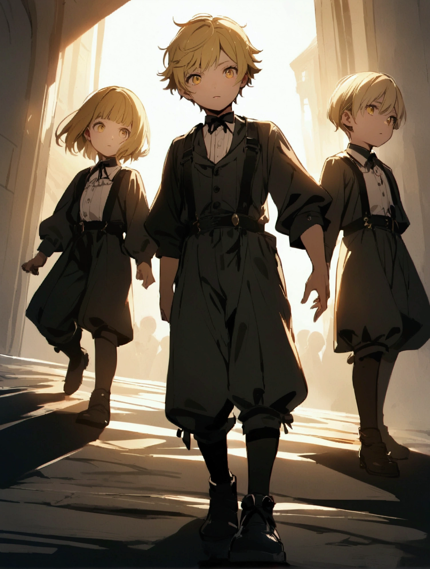 three children with black and blonde hair, and black and yellow eyes