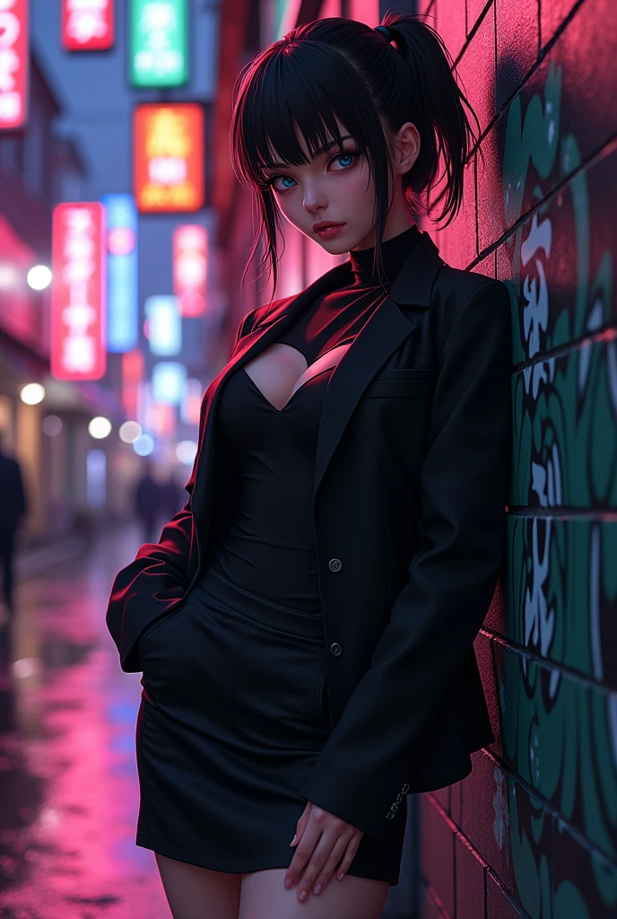 Female Gojo Satoru from Jujutsu Kaisen wearing a black jacket, black blouse, skirt and tied hair
(big breasts, sexy and flirty body)