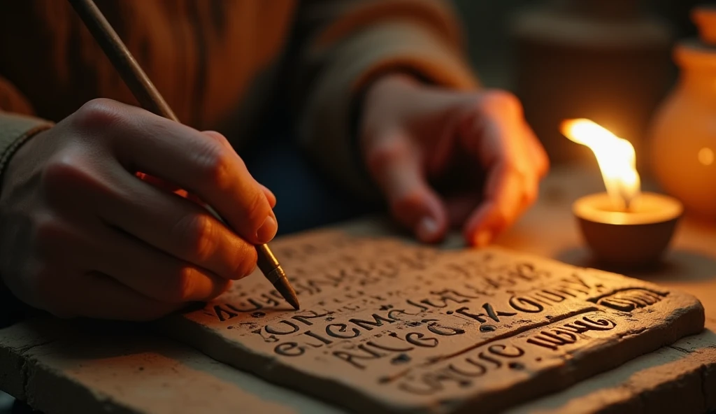 A Sumerian scribe carves cuneiform symbols onto a clay tablet. The camera slowly zooms in, revealing his skilled hands and the sheen of the fresh clay. The environment is softly lit by lantern light, creating a historical atmosphere. Arri Alexa Mini; 50mm Prime Lens.