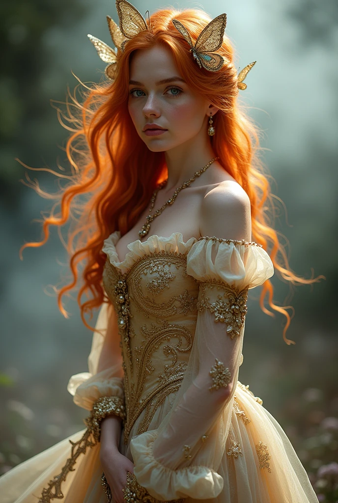 (solo, full body photo:1.3), (action packed:1.3), (haze, fog, mist:1.3), chiaroscuro, best quality, photorealistic, 1woman, (cute), (24yo:1.2), redhead, long ginger hair highly detailed, 1700'S, digital photography, art by artgerm and ruan jia and greg rutkowski surreal painting gold butterfly filigree, broken glass, (masterpiece, sidelighting, finely detailed Fashionable eyes: 1.2) (perfect oval large eyes that gazes at the viewer), beautiful detailed face, blue gorgeous perfect eyes, (blonde hair ponytail), (attractive young woman:1.3), (thick amazing hair), (seductive:1.1), (blushing:1.1)