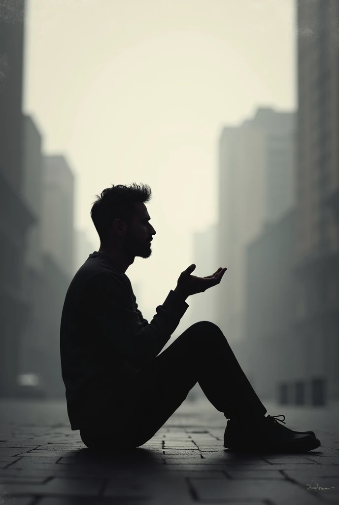 Generate a man saying 'Hello, how are you?' in black and white, sitting on the ground, but don't show his face.