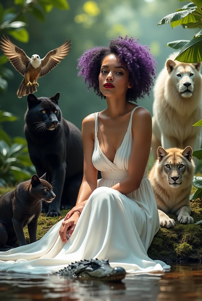 caucasian woman, purple curly hair, dressed in a white gown, Red lips, sitting and surrounded by a large black jaguar, a large eagle ,a wolf, A crocodile, a large white lion and spirit plants
