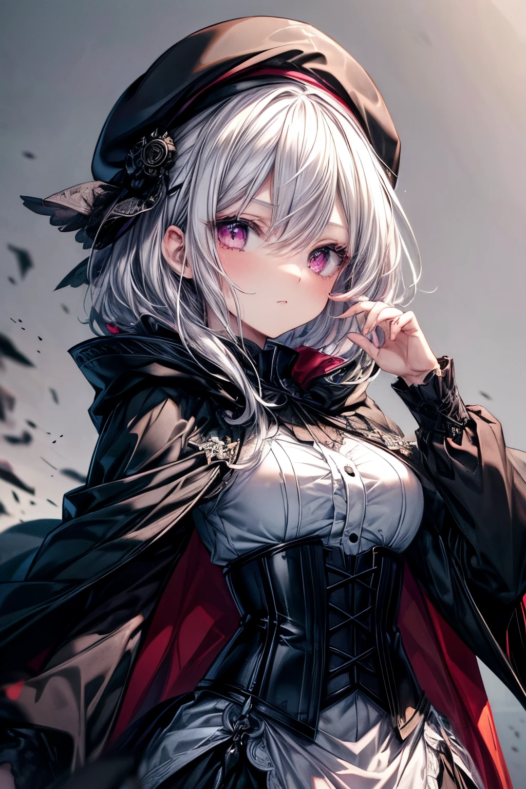 (masterpiece, best quality, perfect face, expressive eyes), 1girl, (adult), (anime), white hair, pink eyes, black fancy beret, black cloak, black corset, white shirt, intricate details,