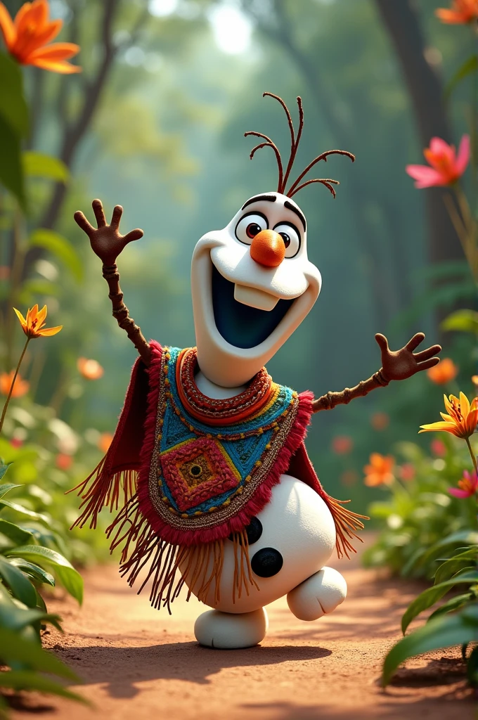 Olaf (from the movie Frozen) Awajun native dress (from the Peruvian jungle) that he is happy and greeting
