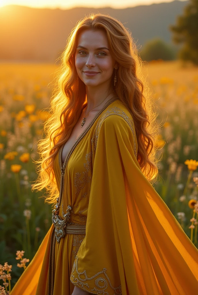 a close-up of a person in a yellow outfit standing in a field, triss marigold, seductive hypnotist woman, scene where she is in rivendell, Cattie - Brie de Mithril Hall, Dwarf Noblewoman, female elf, yellow coats, golden robes, yellow coat, elf character with smile, vistiendo golden robes